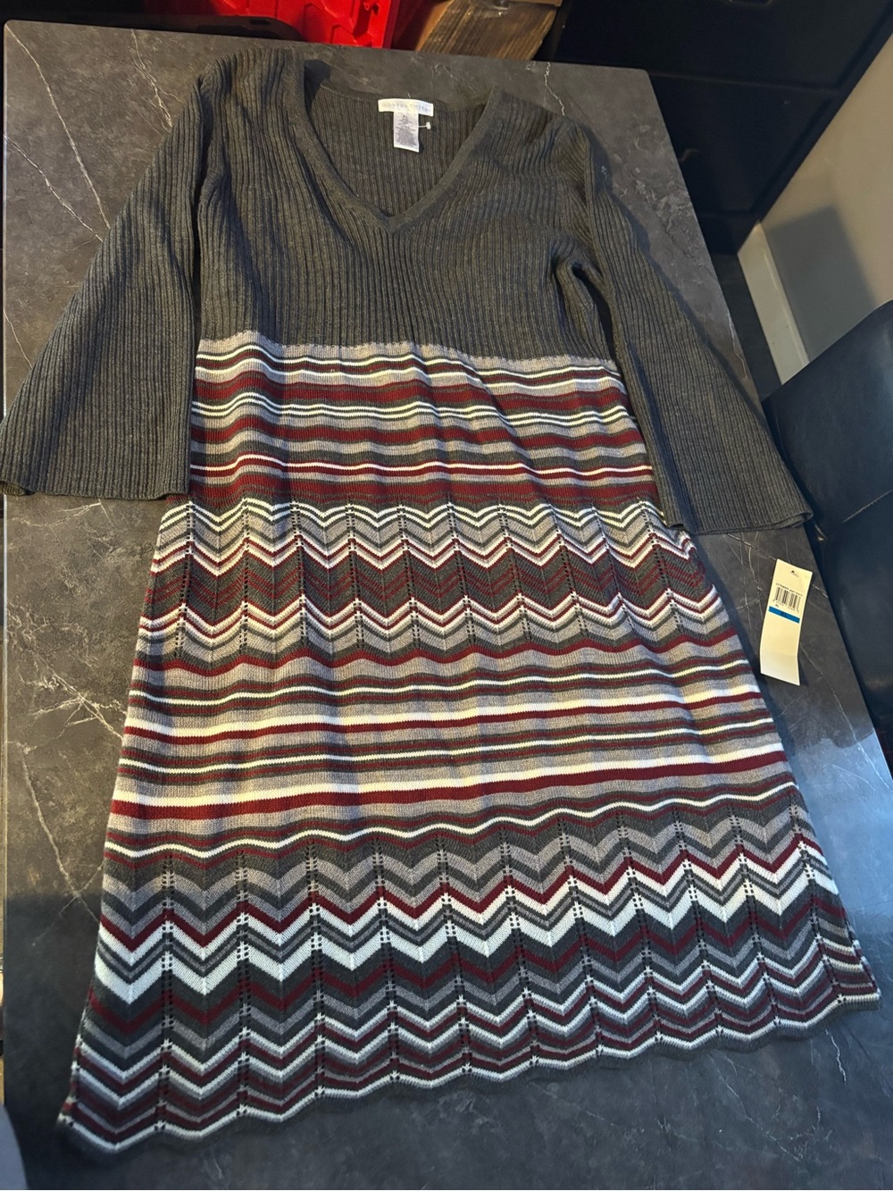 London Times Gray and Burgundy Chevron Stripe Knit Dress